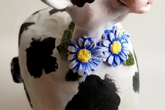 Cow Black and White Happy with Daisies