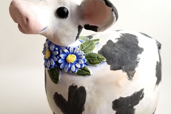 Cow Black and White Happy with Daisies