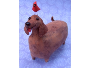 Dachshound with Red Bird